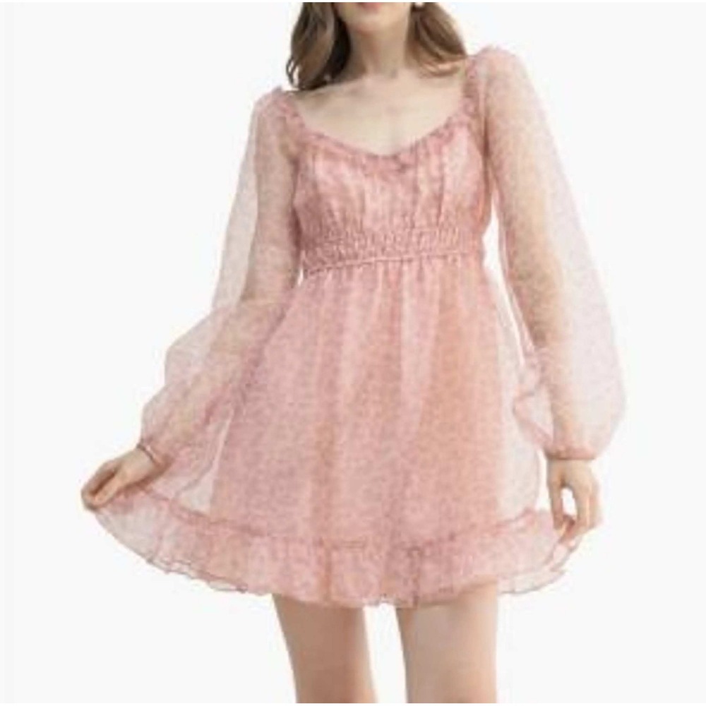 All in‎ Favor Mini Dress Women Medium Pink Pink Mauve Floral Sheer Puff Sleeve